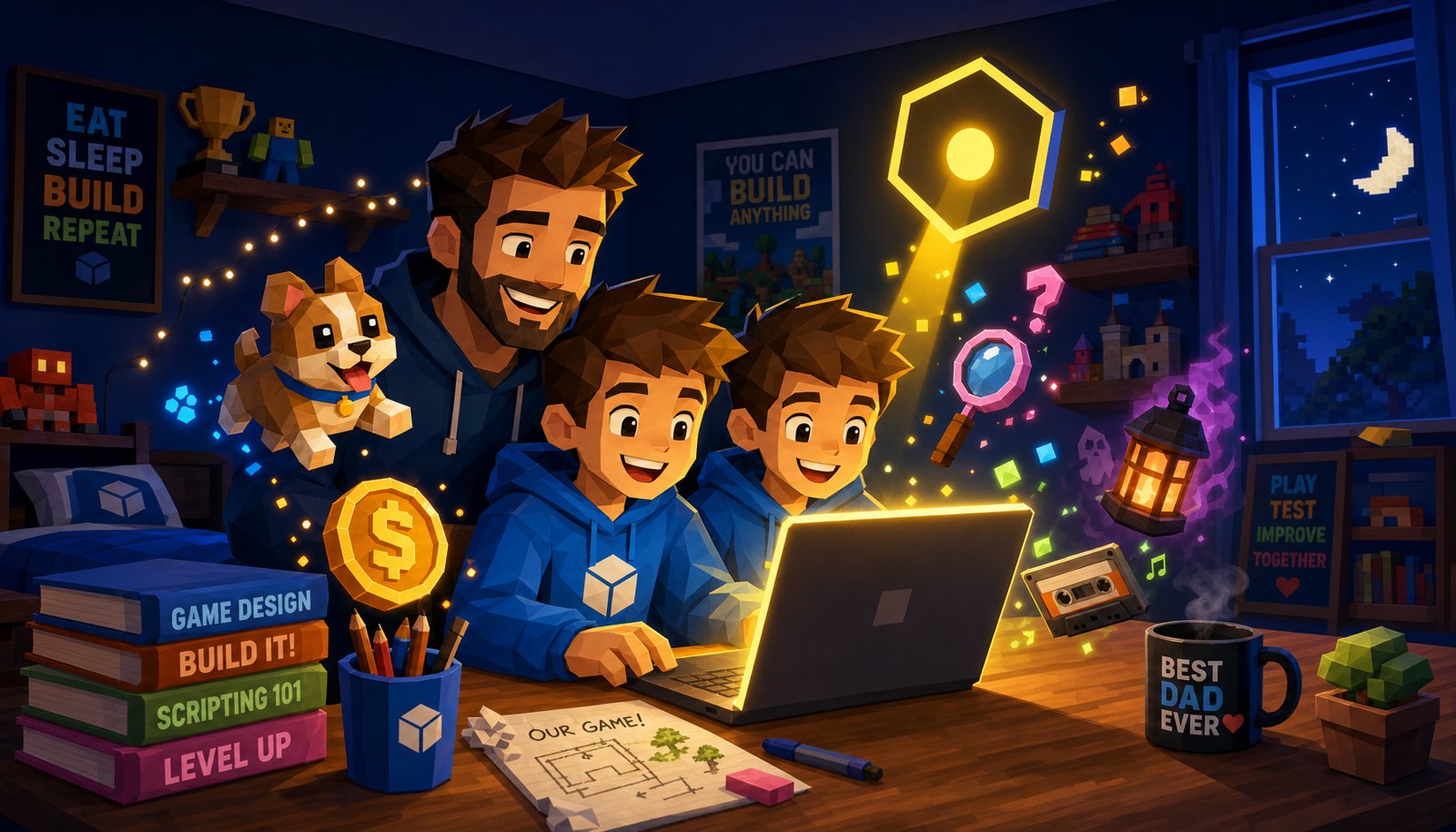 A dad and twin 10-year-old boys at a glowing laptop in a warm playroom, with a yellow hexagon AI character and floating Roblox-style game elements