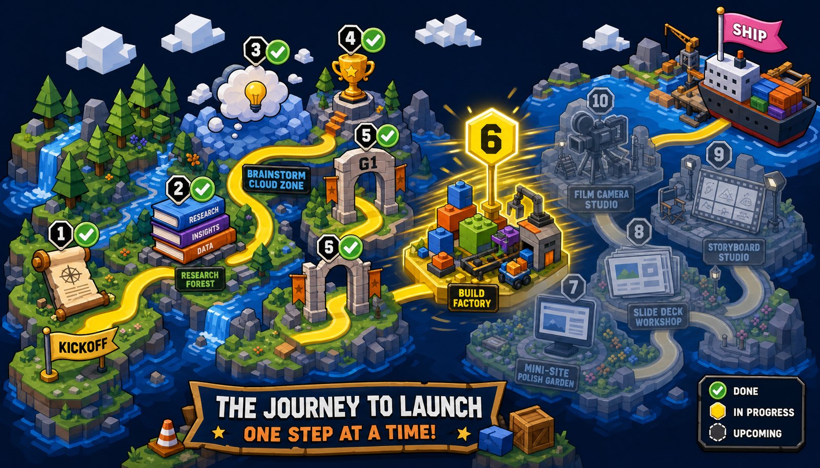 Isometric board-game quest map showing 10 checkpoints from Kickoff to Ship, with the Build Factory checkpoint currently active